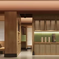 Modern Restaurant Interior With Wooden Structures Green Tile Wall And Cabinetry