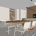 Modern Restaurant Interior With Round Dining Table White Woven Chairs And Open Kitchen 3d model