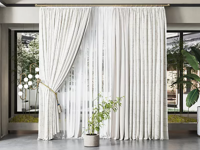 White Curtains With Sheer Layers For Modern Indoor Window Decor With Plant And Natural Light 3d model