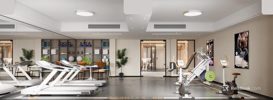 Modern Gym Interior With Fitness Equipment And Greenery 3d model 