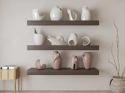 Modern Ceramic Vessels Display On Wooden Shelves With Various Shapes And Neutral Tones 3d model