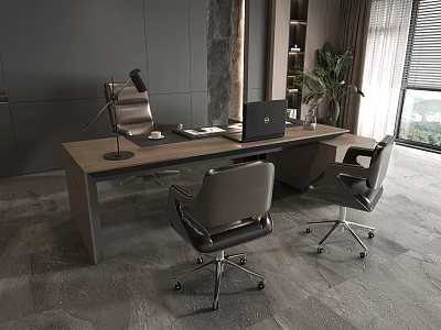 Modern Office Desk Setup With Laptop Microphone Ergonomic Chairs And Potted Plant Near Window 3d model