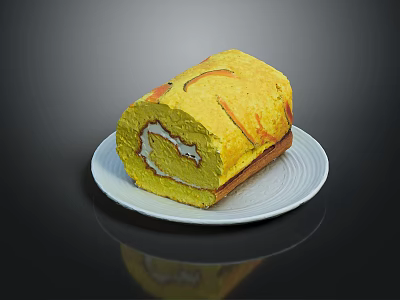 Delicious Yellow Cake Roll With Orange Decorations Served On White Plate 3d model