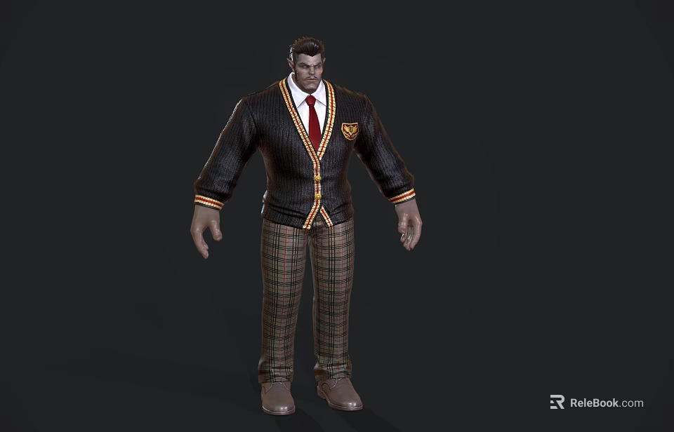 Man In Dark Sweater Vest With Red Tie Badge White Shirt And Plaid Pants 3d model 