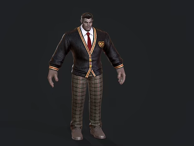 Man In Dark Sweater Vest With Red Tie Badge White Shirt And Plaid Pants 3d model