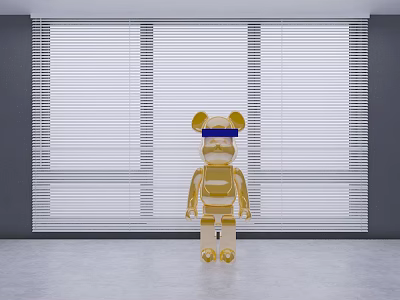 White Venetian Blinds in Modern Room with Golden Bear Figure Grey Walls and Floor 3d model