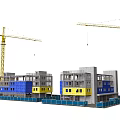 Construction Site Featuring Buildings Under Construction With Gray Frames Blue Panels And Yellow Cranes 3d model
