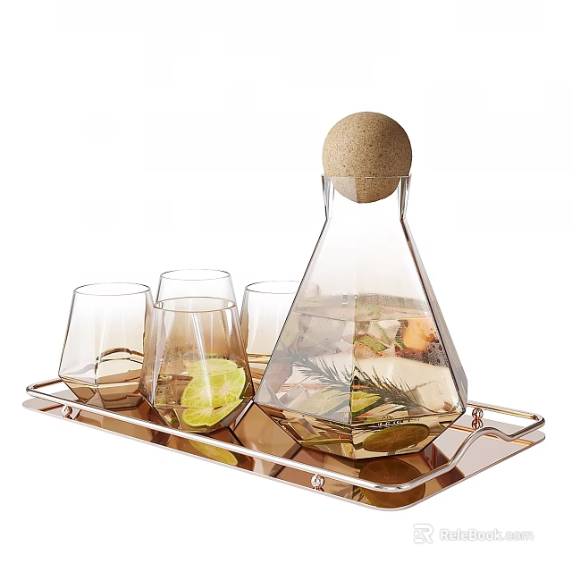 Glass Drinking Glasses Set With Infusion Bottle Cork Stopper And Fruit Decor On Tray 3d model 