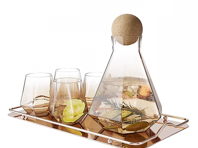 Glass Drinking Glasses Set With Infusion Bottle Cork Stopper And Fruit Decor On Tray 3d model