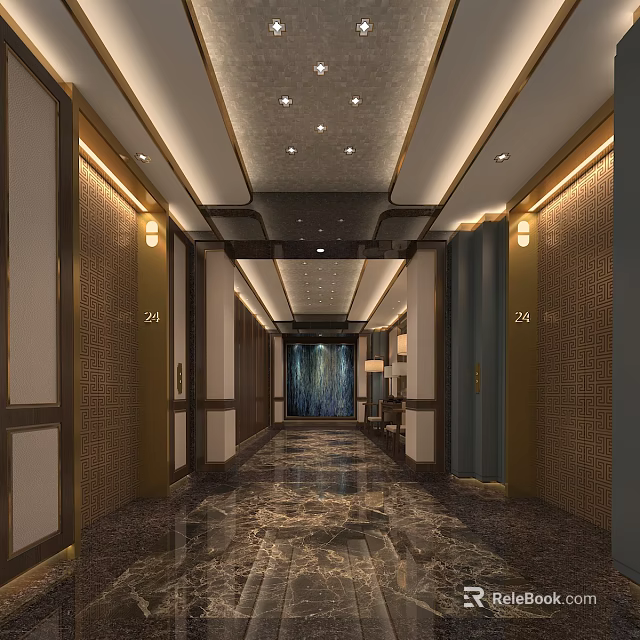 Luxurious Elevator Hallway With Marble Floor Elegant Lighting And Decorative Walls 3d model