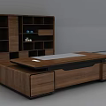 Modern Wooden Office Desk With Spacious Top Shelving Unit And Decorative Items