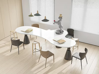 Modern White Curved Table with Various Designed Chairs and Hanging Lamps in Bright Interior 3d model