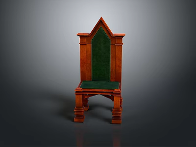 Antique Gothic Style Wooden Chair With Green Upholstered Back And Seat 3d model