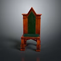 Antique Gothic Style Wooden Chair With Green Upholstered Back And Seat
