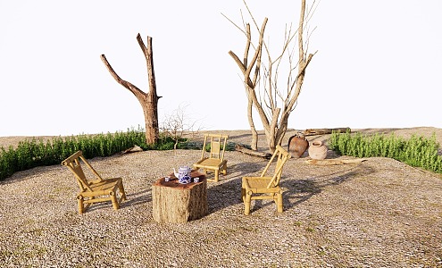 Outdoor Table and Chair Combination Bamboo Table and Chair Dead Tree Outdoor Landscape 3d model