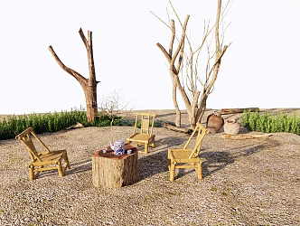 Outdoor Table and Chair Combination Bamboo Table and Chair Dead Tree Outdoor Landscape 3d model