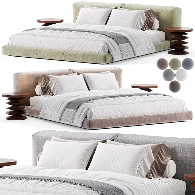 Modern Double Bed With Upholstered Headboard Mattress Pillows Bedside Tables And Color Options 3d model 