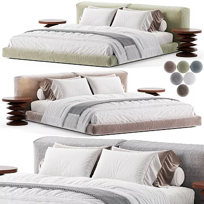Modern Double Bed With Upholstered Headboard Mattress Pillows Bedside Tables And Color Options 3d model