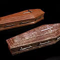 New And Aged Wooden Coffins On Dirt Ground With Crosses Metal Handles