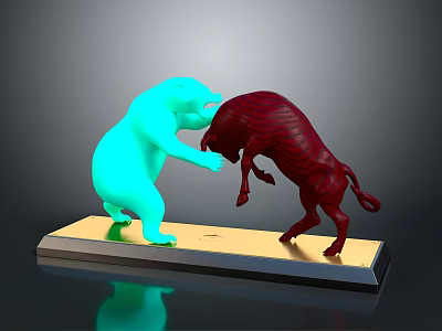 Blue Bear And Red Bull Confronting On Golden Base Statue 3d model