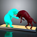 Blue Bear And Red Bull Confronting On Golden Base Statue