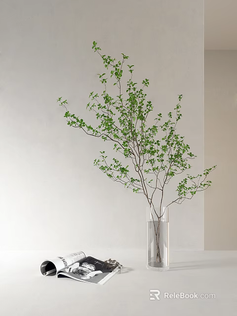 Transparent Glass Vase With Green Leaf Branches Against Light Colored Wall Background 3d model 