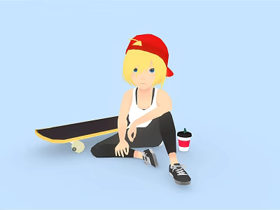Blonde Haired Girl In Red Cap Sitting With Skateboard And Drink On Light Blue Background 3d model