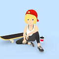 Blonde Haired Girl In Red Cap Sitting With Skateboard And Drink On Light Blue Background