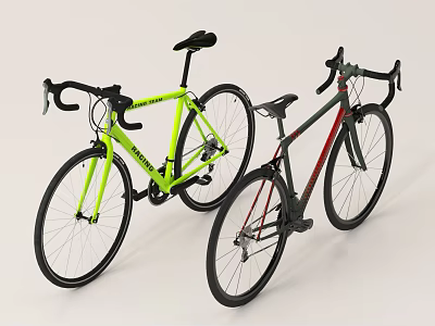 Two Modern Road Bicycles Bright Green and Dark Green with Red Accents Black Handlebars Seats 3d model