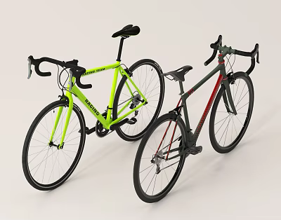 Two Modern Road Bicycles Bright Green and Dark Green with Red Accents Black Handlebars Seats 3d model