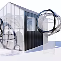 Modern Commercial Street Featuring Glass Facades Circular Structures And Greenery With Trees