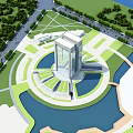 Modern Office Building With Circular Layout Surrounding Greenery And Water Features 3d model