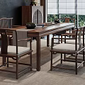 Chinese Style Wooden Tea Table And Chairs Interior With Tea Set Green Plant And Cushions