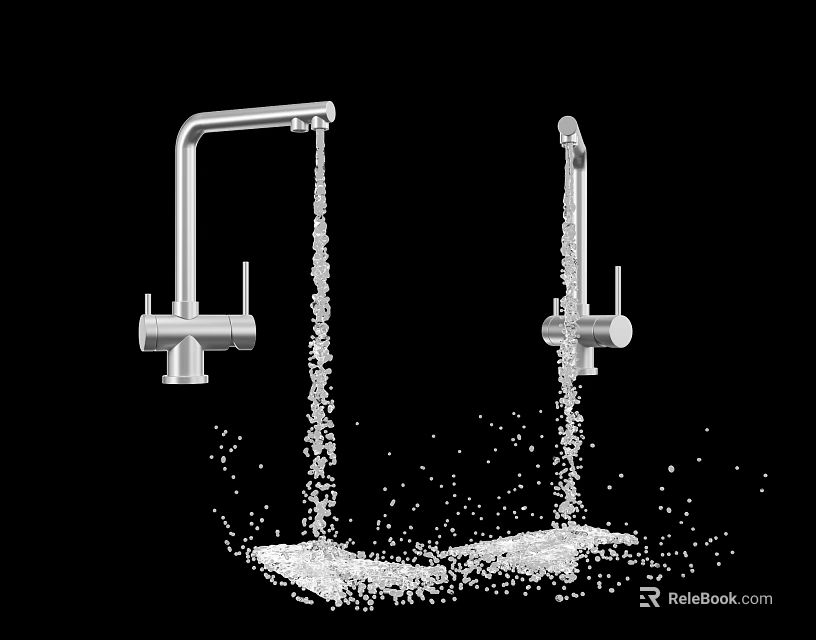 Two Modern Faucets With Water Flowing And Droplets Splashing On Black Surface 3d model 