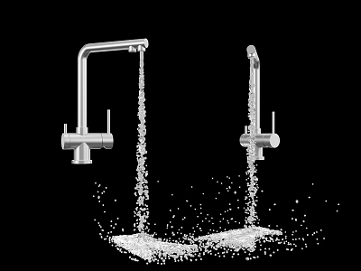 Two Modern Faucets With Water Flowing And Droplets Splashing On Black Surface 3d model