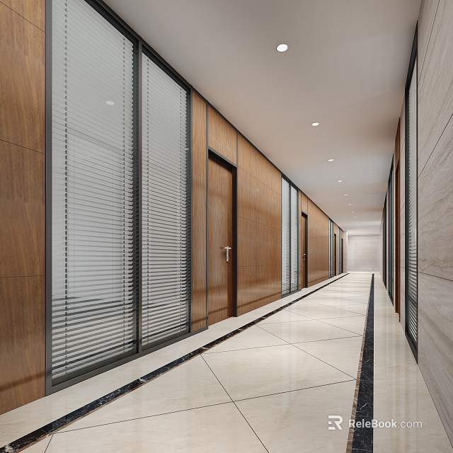 Modern Office Corridor With Wooden Walls Glass Doors Blinds White Floor And Ceiling Lights 3d model 