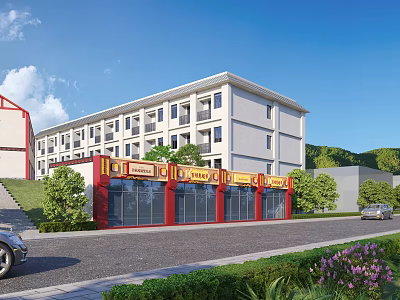 Modern Commercial Street with Multi story Building Red Storefronts Greenery and Parked Car 3d model