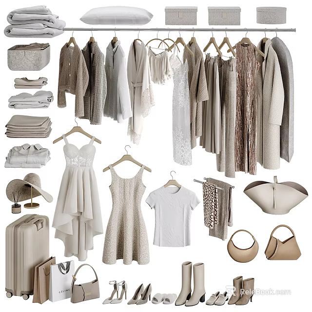 Stylish Neutral Tones Clothes Collection With Dresses T Shirts Coats Hats Bags And Suitcases 3d model 