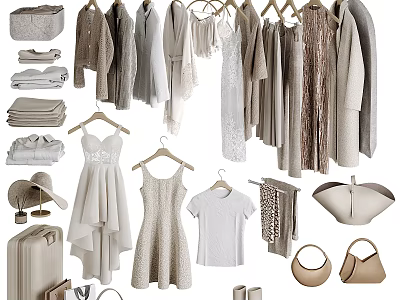 Stylish Neutral Tones Clothes Collection With Dresses T Shirts Coats Hats Bags And Suitcases 3d model