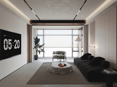 Modern Minimalist Bedroom Interior With Large Bed Floor To Ceiling Windows And Green Plants 3d model