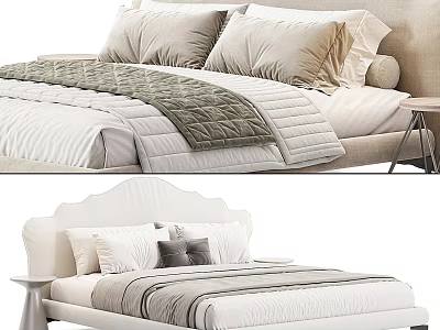 Elegant Double Bed Design With White Headboard Beige Pillows Gray Quilt And Side Table 3d model