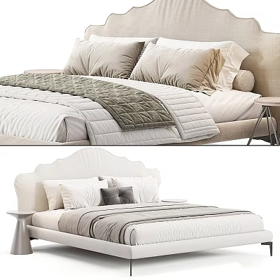 Elegant Double Bed Design With White Headboard Beige Pillows Gray Quilt And Side Table 3d model