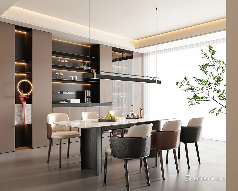 Modern Elegant Restaurant With Long Dining Table Multi Colored Chairs Open Cabinets And Pendant Lights 3d model
