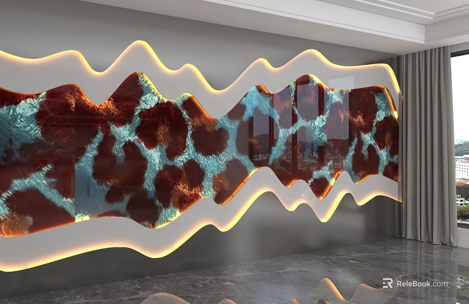 Modern Luxury Wavy Background Wall With LED Strip Lights And Glass Marble Texture 3d model 