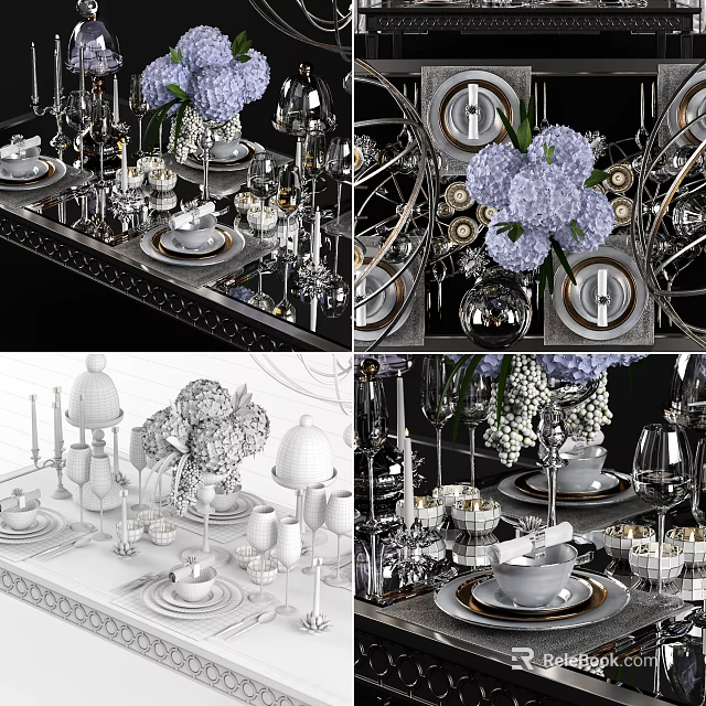 Elegant Dinnerware Set With Purple Hydrangea Metallic Accents And Sophisticated Table Setting 3d model 
