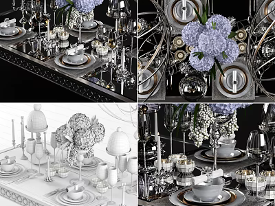 Elegant Dinnerware Set With Purple Hydrangea Metallic Accents And Sophisticated Table Setting 3d model
