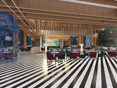 Modern Luxury Restaurant With Wooden Ceiling Striped Floor Colorful Chairs And Blue Birdcage 3d model