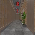 Traditional Corridor Interior With Wooden Structure Stone Walls Red Lanterns And Green Plants