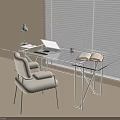 Minimalist Glass Desk with White Frame Featuring Open Book Laptop Lamp Cup And Window Blinds