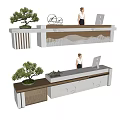 Elegant Modern Reception Desk With Marble Top Wooden Accents Wavy Panel And Computer Monitor